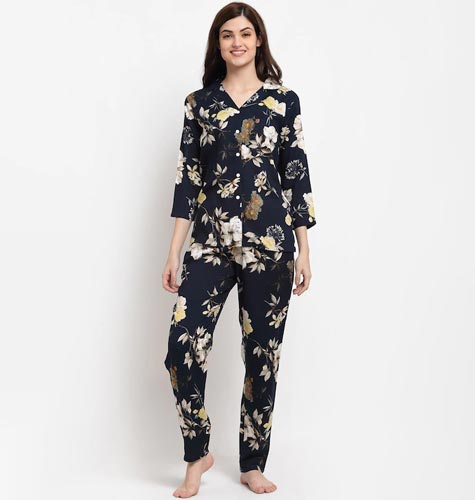 Women Navy Blue & Beige Floral Printed Pure Cotton Night suit